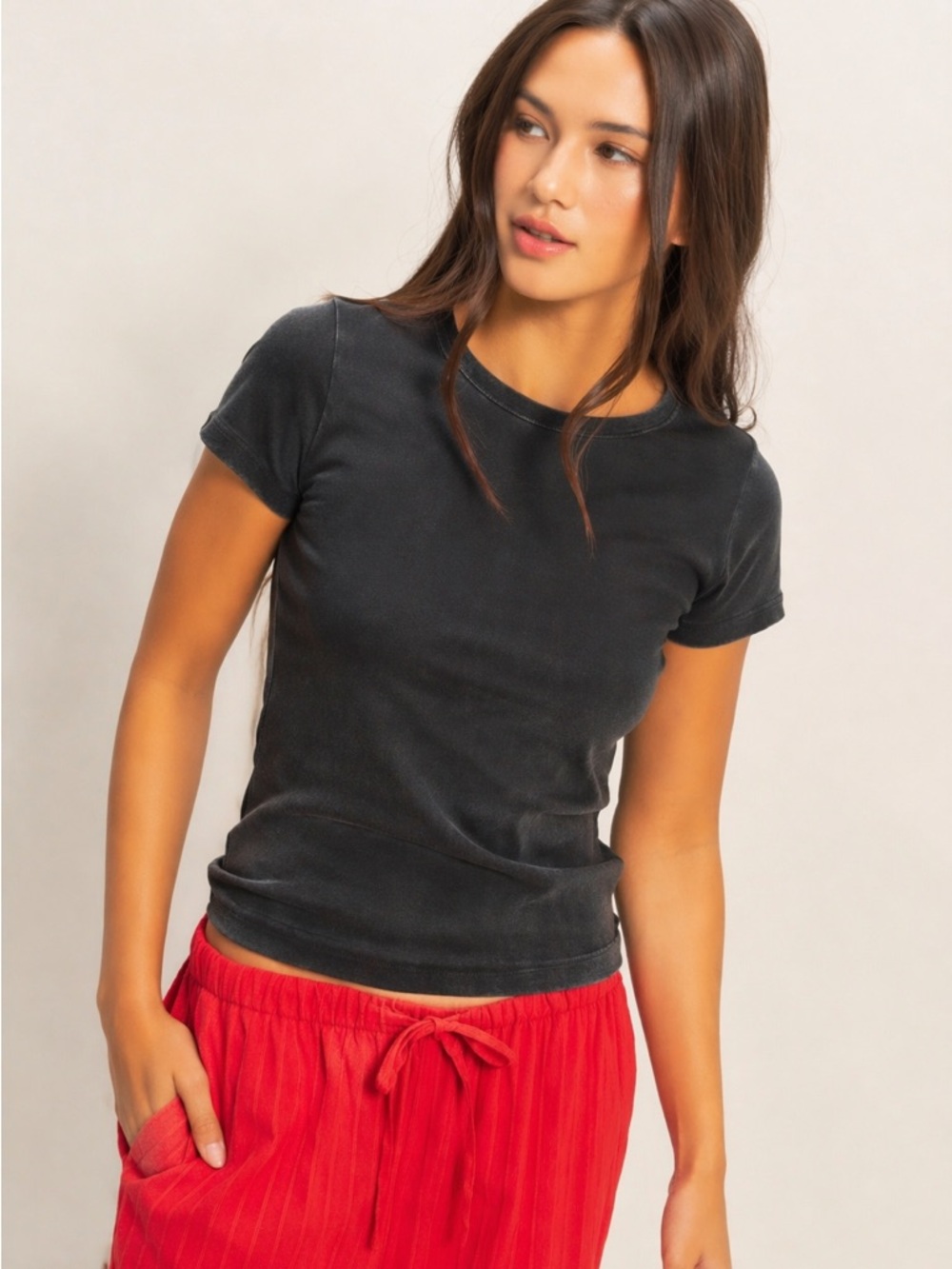 Double Zero Cotton Mineral Wash Black Fitted Tee Medium Cropped Basic